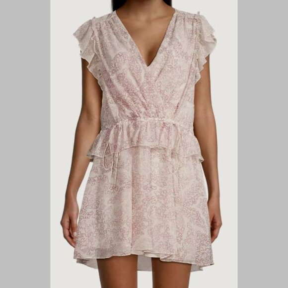 TED BAKER Size 3 / US 8 Evelyna Print Ruffle Sleeve Cinch Mini Dress Ivory Coral - Picture 1 of 14